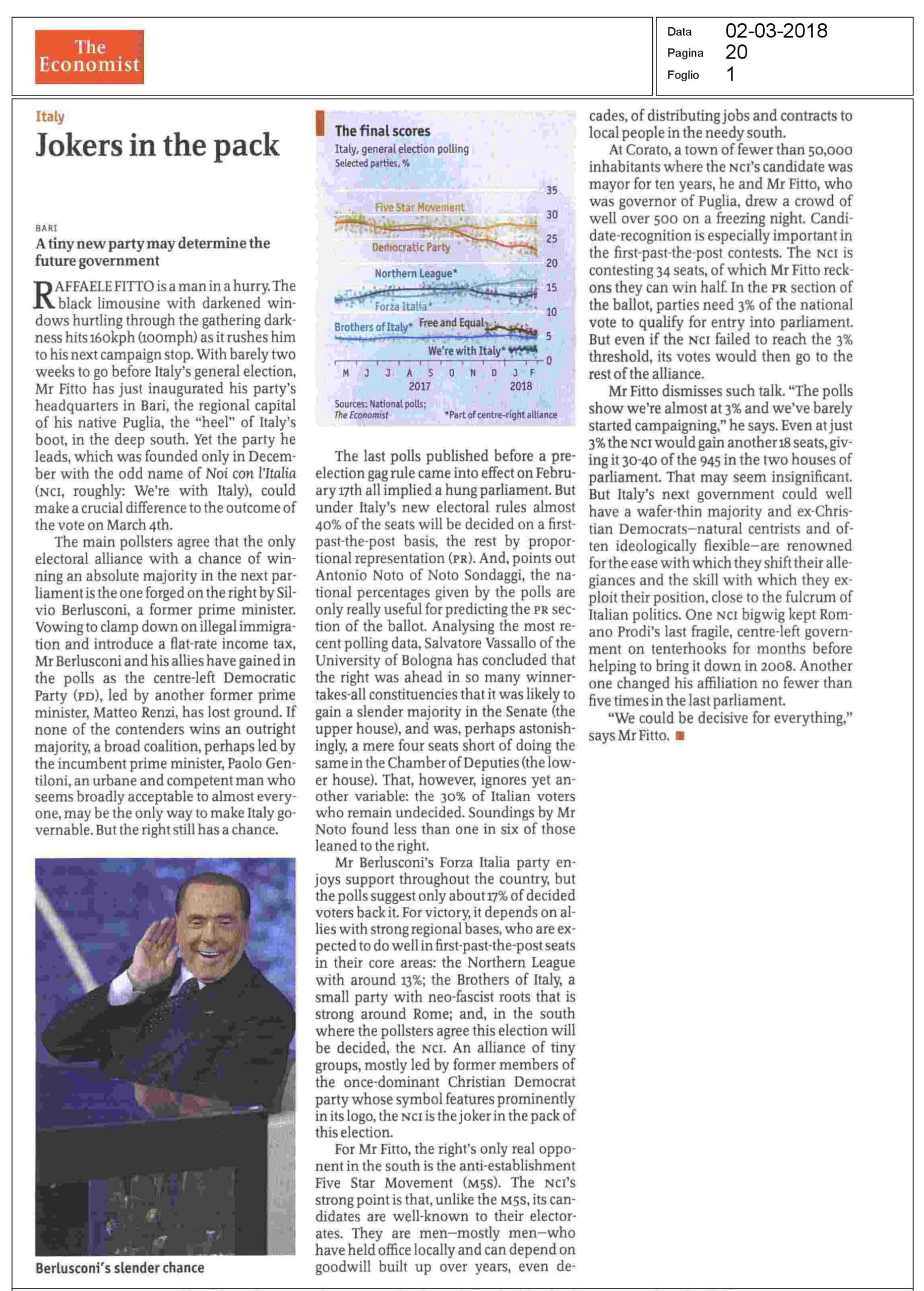 Oggi l’Economist scrive che Noi con l'Italia sarà determinante per la vittoria del centrodestra e per la stabilità del futuro governo.