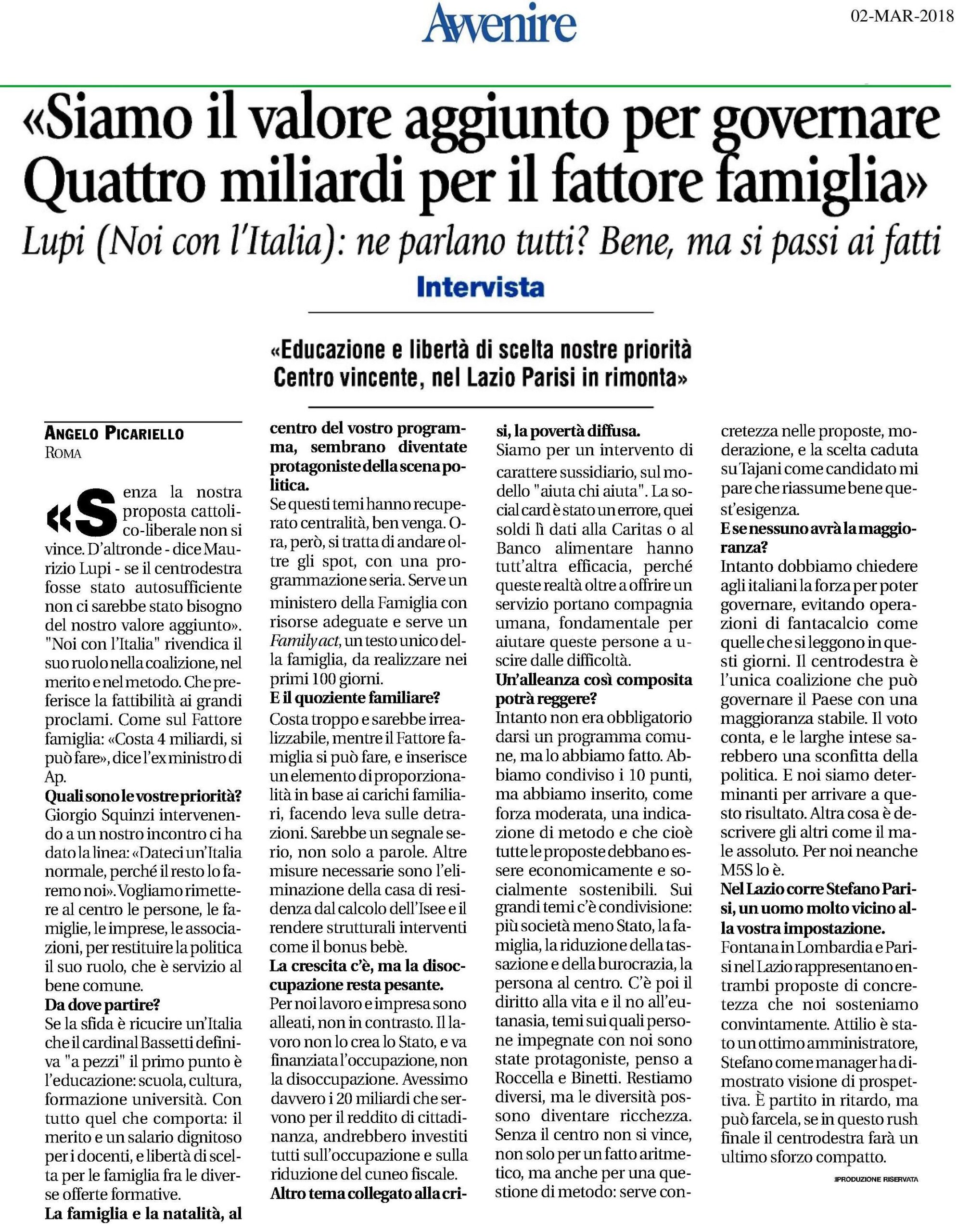  «Siamo il valore aggiunto per governare. Quattro miliardi per il fattore famiglia»