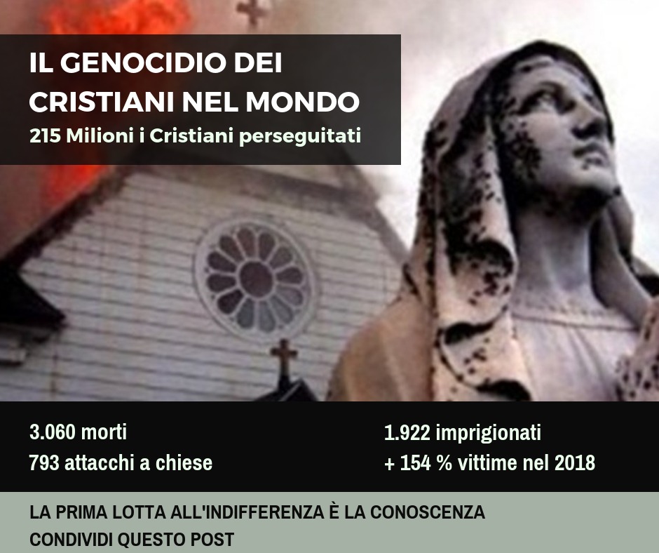  Secondo il rapporto 2018 dell’Ong missionaria cristiana Portes Ouvertes nel mondo 1 cristiano su 12 subisce persecuzioni.