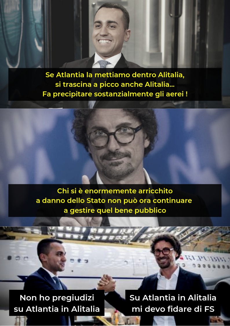 Per mesi abbiamo sentito i 5stelle accusare i Benetton di ogni nefandezza.Oggi li vediamo esultare per l’accordo raggiunto su Alitalia