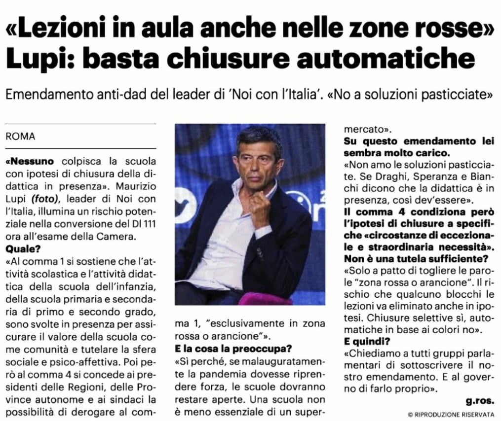 QN: LEZIONI A SCUOLA ANCHE NELLE ZONE ROSSE