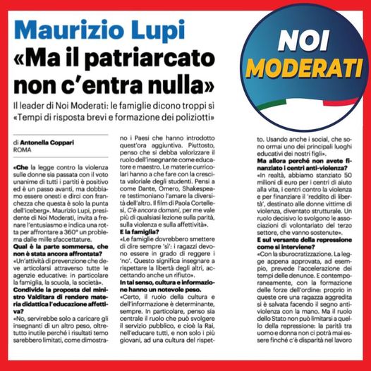  Lupi – Qn: Ma il patriarcato non c’entra nulla Il Leader di Noi Moderati: le famiglie dicono troppi si «tempi di risposta brevi e formazioni per i poliziotti»